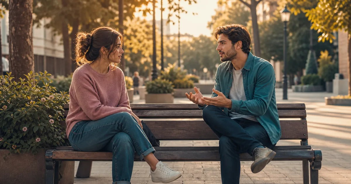 Dos amigos sentados en un banco con una conversaci?n que puede ser amistad o inter?s rom?ntico.
